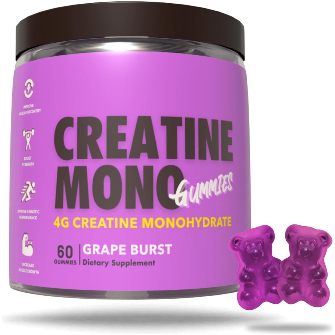 Creatine Monohydrate Gummies for Muscle Endurance, Growth and Power | Convenient Pre-Workout Supplement Grape Flavour, 4000Mg per Serve, 60 Pieces, 30 Serves - the