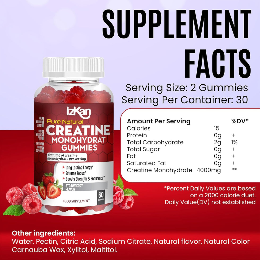 Pro Creatine Monohydrate Gummies 4000Mg for Men & Women - 60 Chewable Creatine Gummies Strawberry Flavoured Creatine | Pre Workout Gym Supplement| Keto | Vegan | (1)