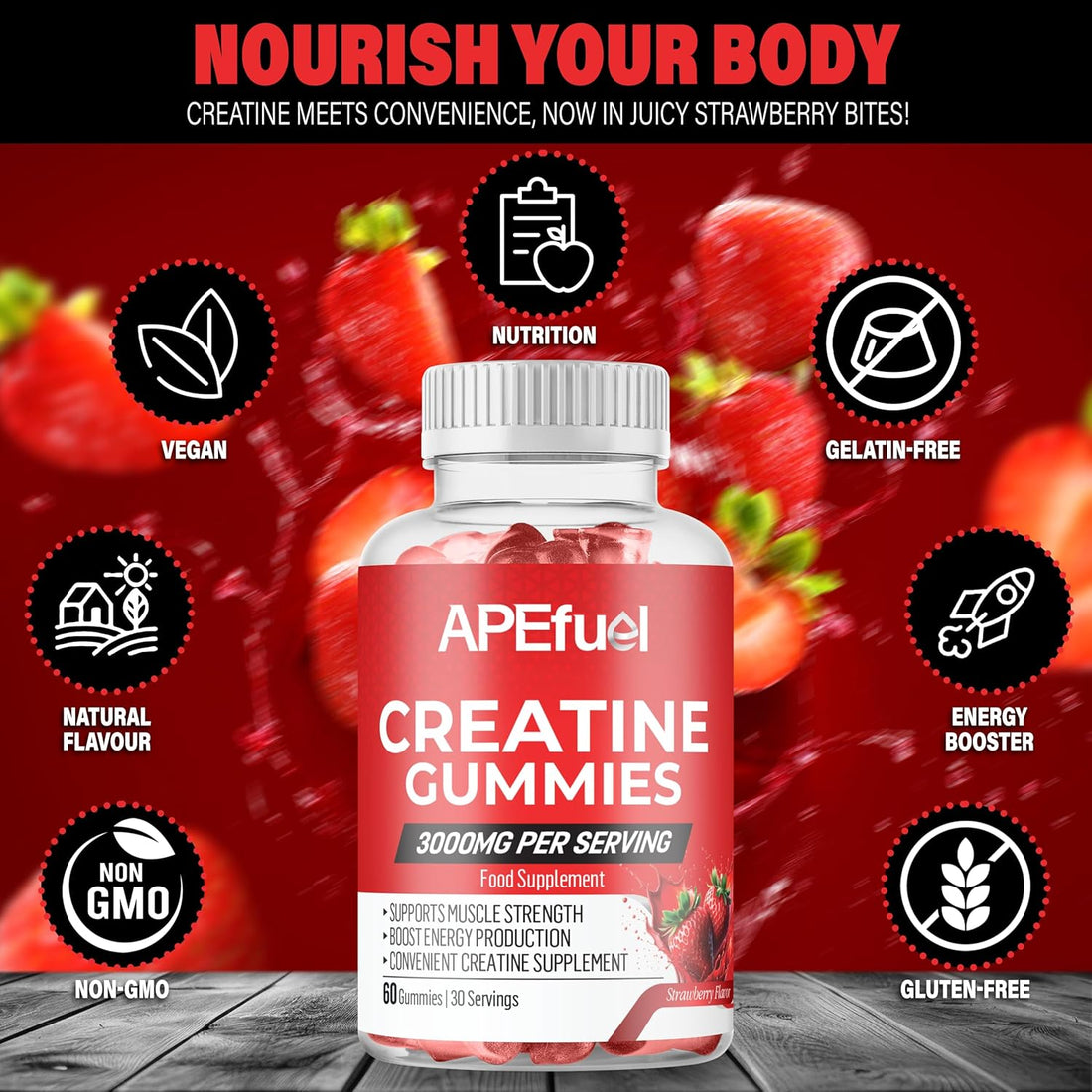 Creatine Gummies for Men & Women - Sugar-Free Strawberry Flavored Pre-Workout Gummies for Muscle Growth, Strength & Cognitive Support - 3000Mg Creatine Dietary Supplement (30-Days Supply)