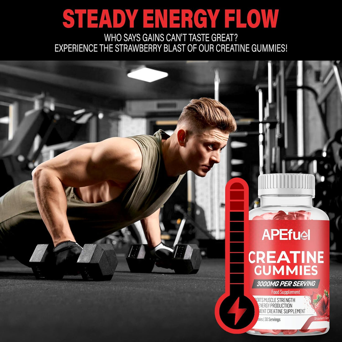 Creatine Gummies for Men & Women - Sugar-Free Strawberry Flavored Pre-Workout Gummies for Muscle Growth, Strength & Cognitive Support - 3000Mg Creatine Dietary Supplement (30-Days Supply)