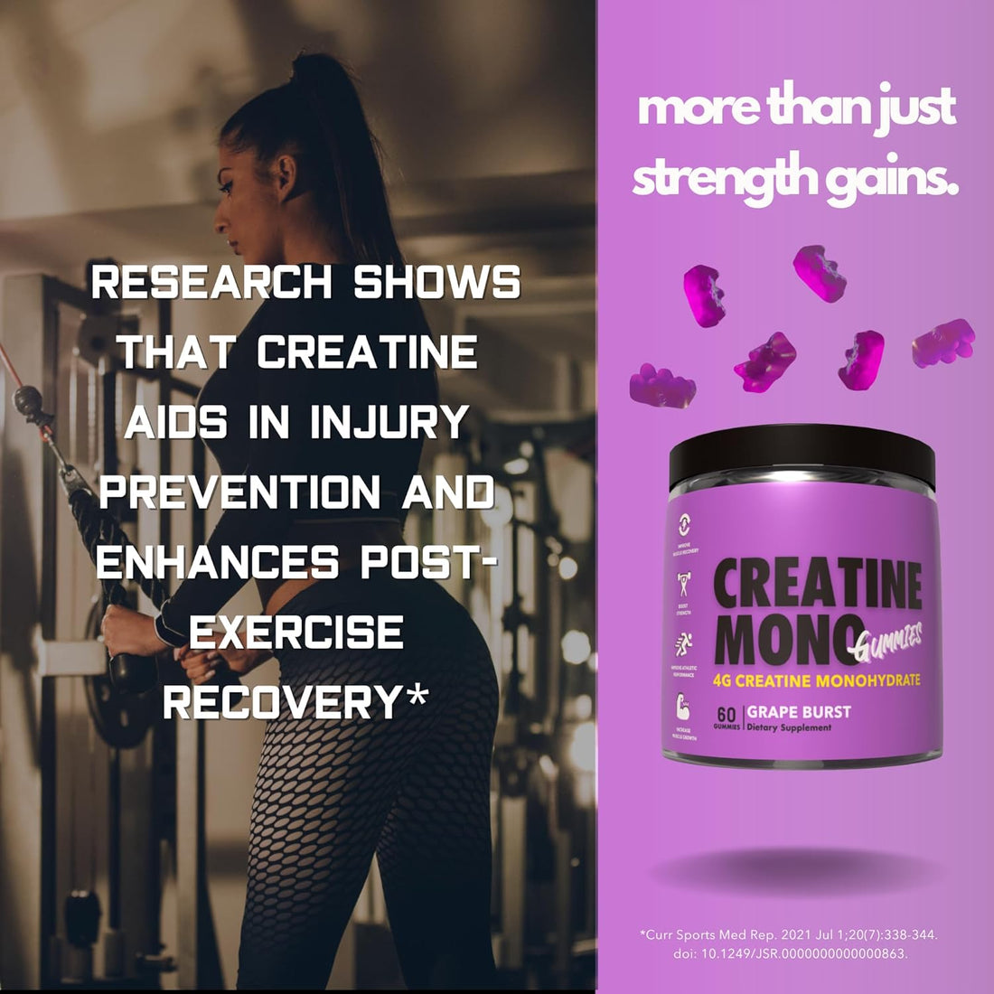 Creatine Monohydrate Gummies for Muscle Endurance, Growth and Power | Convenient Pre-Workout Supplement Grape Flavour, 4000Mg per Serve, 60 Pieces, 30 Serves - the