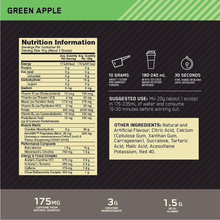 Gold Standard Pre Workout, Green Apple, 300G, 30 Servings