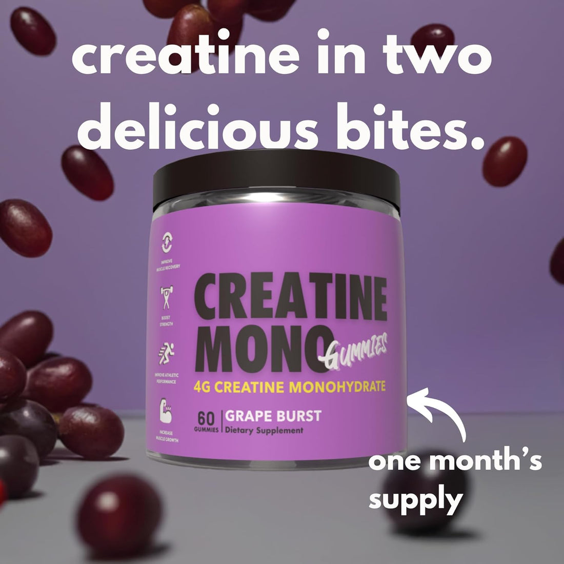 Creatine Monohydrate Gummies for Muscle Endurance, Growth and Power | Convenient Pre-Workout Supplement Grape Flavour, 4000Mg per Serve, 60 Pieces, 30 Serves - the