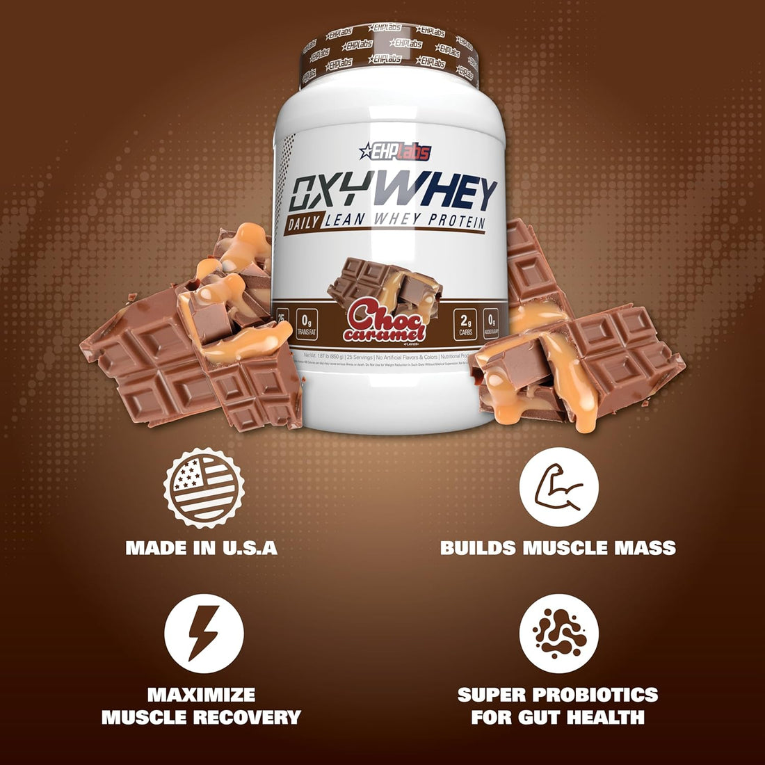 Ehplabs Oxywhey Lean Whey Protein Powder - 25G of 100% Pure, Lean, Non-Gmo Whey Protein Blend, Post Workout Fitness & Nutritional Shakes, Smoothies, Baking & Cooking - 27 Serves (Chocolate Caramel)