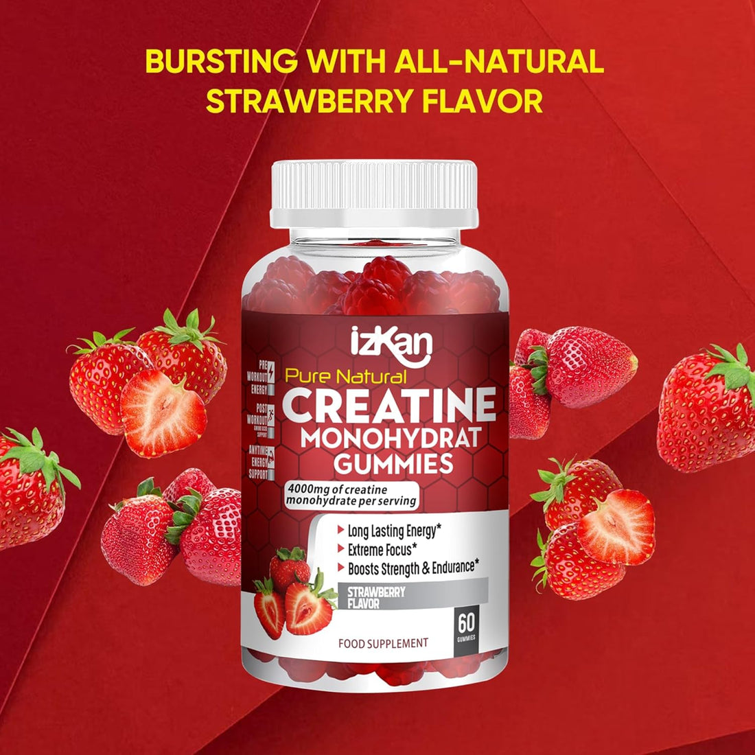 Pro Creatine Monohydrate Gummies 4000Mg for Men & Women - 60 Chewable Creatine Gummies Strawberry Flavoured Creatine | Pre Workout Gym Supplement| Keto | Vegan | (1)