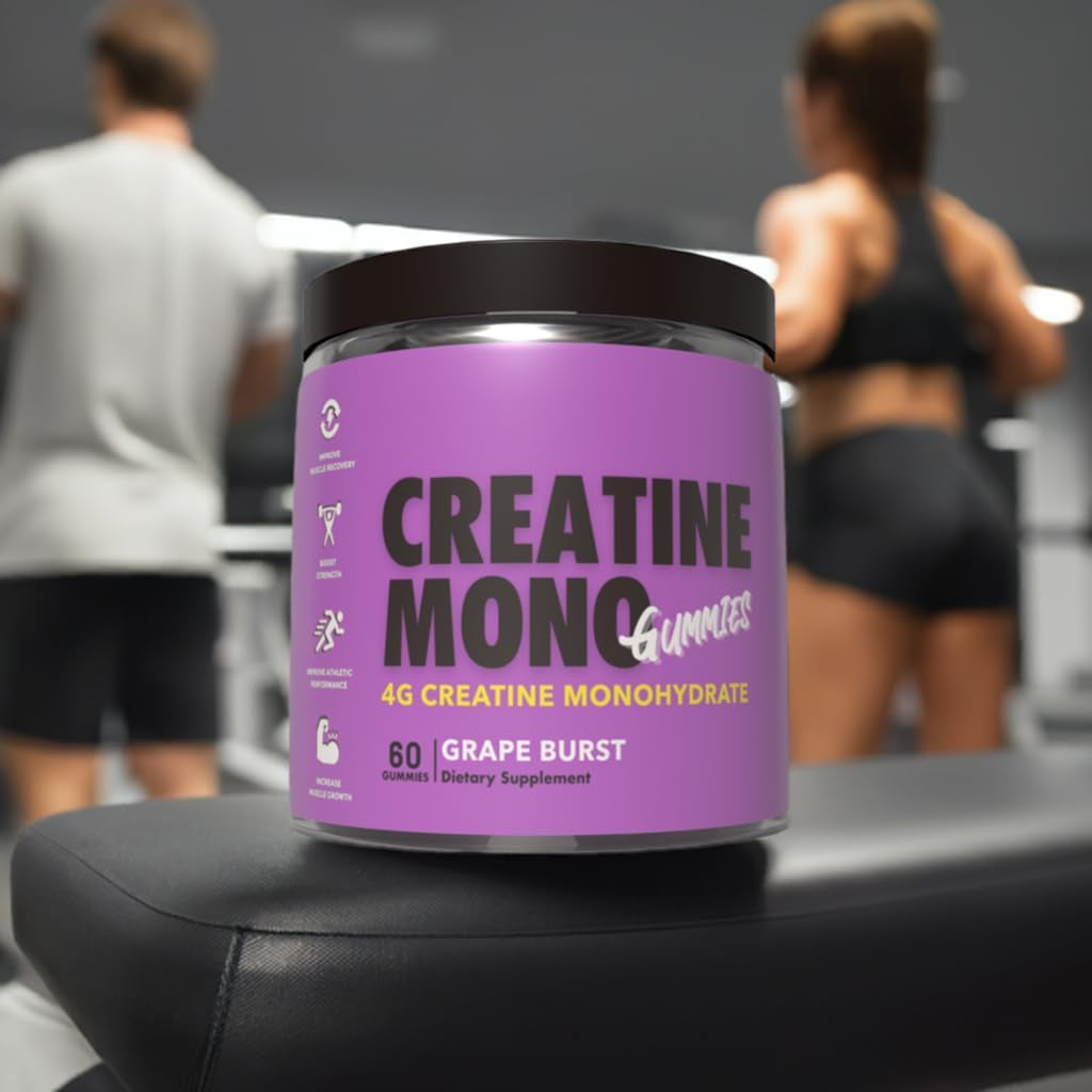 Creatine Monohydrate Gummies for Muscle Endurance, Growth and Power | Convenient Pre-Workout Supplement Grape Flavour, 4000Mg per Serve, 60 Pieces, 30 Serves - the