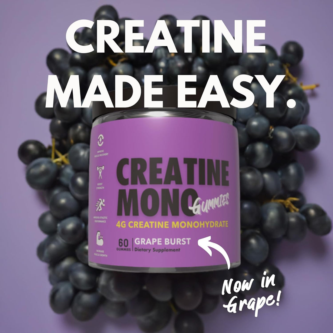 Creatine Monohydrate Gummies for Muscle Endurance, Growth and Power | Convenient Pre-Workout Supplement Grape Flavour, 4000Mg per Serve, 60 Pieces, 30 Serves - the