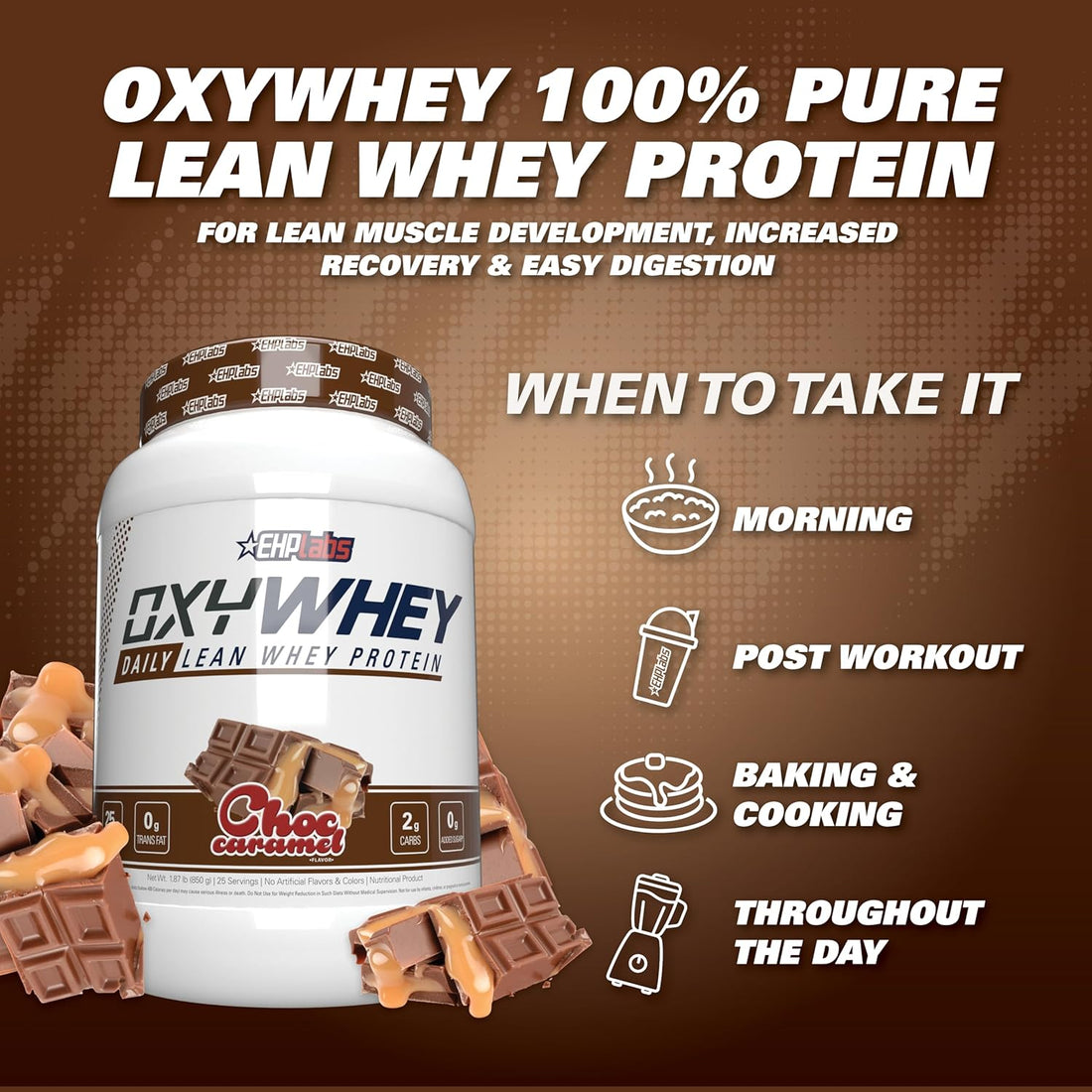 Ehplabs Oxywhey Lean Whey Protein Powder - 25G of 100% Pure, Lean, Non-Gmo Whey Protein Blend, Post Workout Fitness & Nutritional Shakes, Smoothies, Baking & Cooking - 27 Serves (Chocolate Caramel)