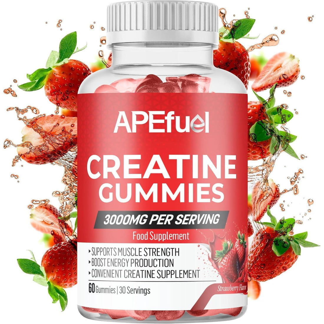 Creatine Gummies for Men & Women - Sugar-Free Strawberry Flavored Pre-Workout Gummies for Muscle Growth, Strength & Cognitive Support - 3000Mg Creatine Dietary Supplement (30-Days Supply)