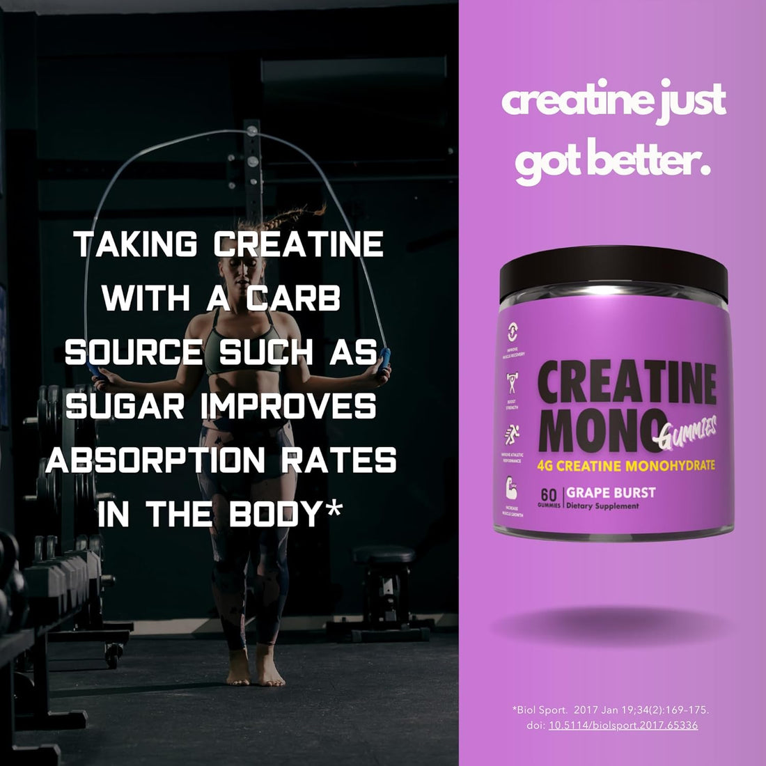 Creatine Monohydrate Gummies for Muscle Endurance, Growth and Power | Convenient Pre-Workout Supplement Grape Flavour, 4000Mg per Serve, 60 Pieces, 30 Serves - the