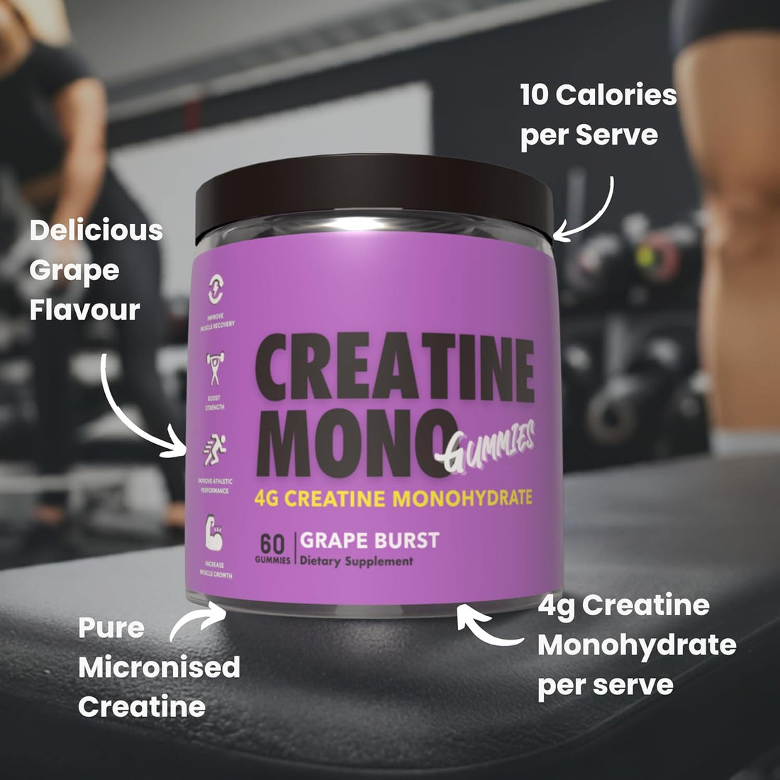 Creatine Monohydrate Gummies for Muscle Endurance, Growth and Power | Convenient Pre-Workout Supplement Grape Flavour, 4000Mg per Serve, 60 Pieces, 30 Serves - the