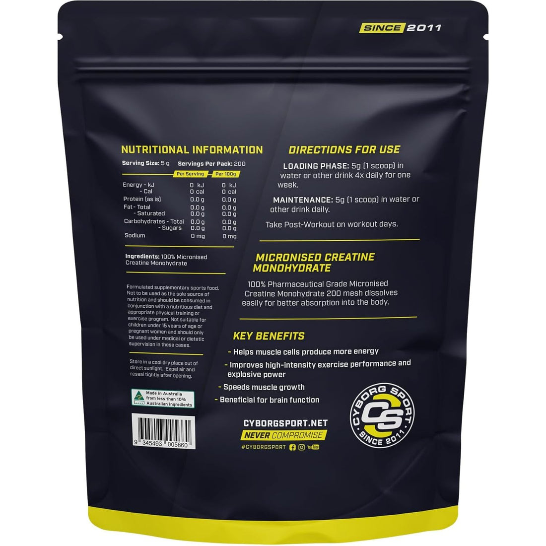 MICRONISED CREATINE MONOHYDRATE 1Kg - (Pharmaceutical Grade) Strength - Power - Muscle - Brain - Easily Dissolved - 200 Serves by