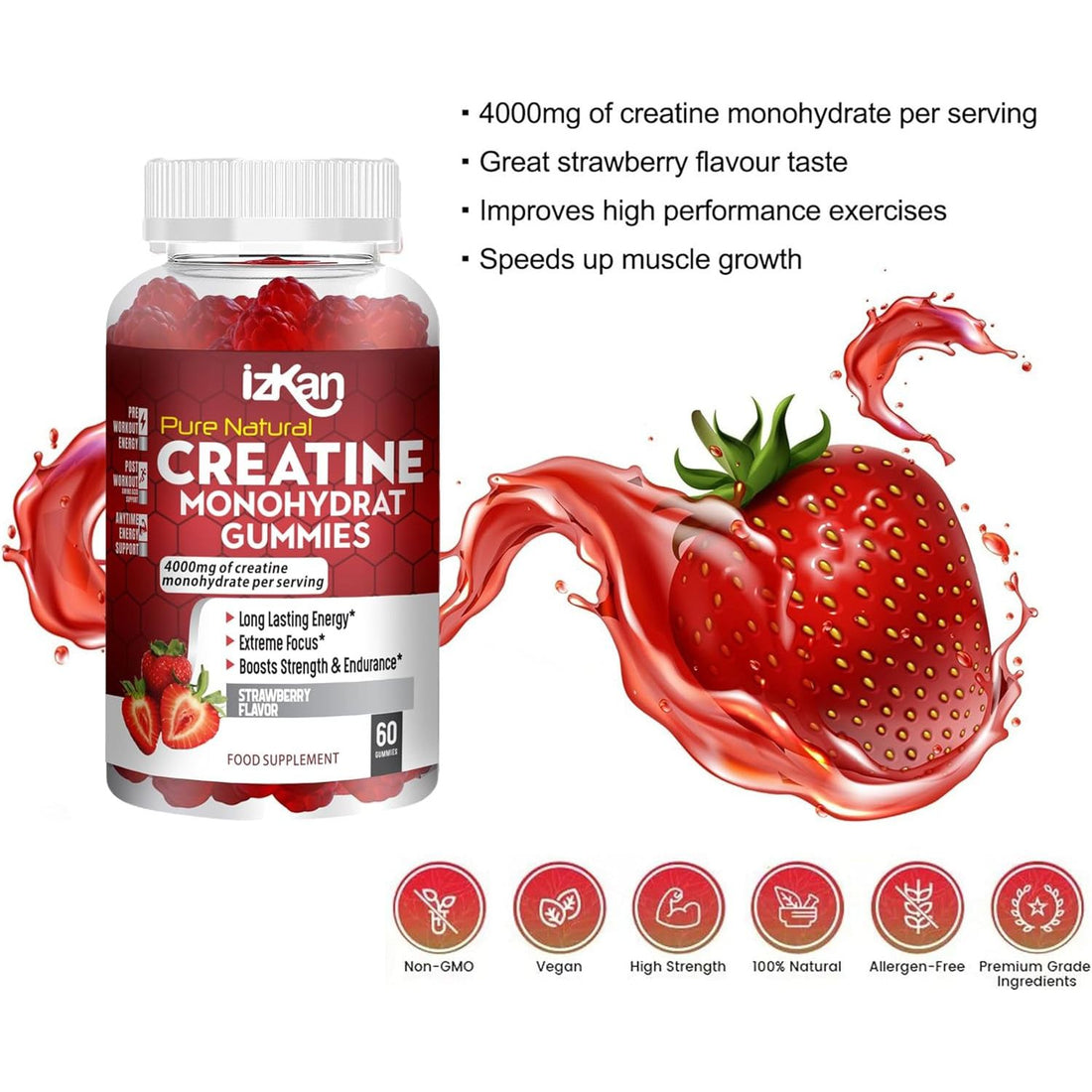 Pro Creatine Monohydrate Gummies 4000Mg for Men & Women - 60 Chewable Creatine Gummies Strawberry Flavoured Creatine | Pre Workout Gym Supplement| Keto | Vegan | (1)