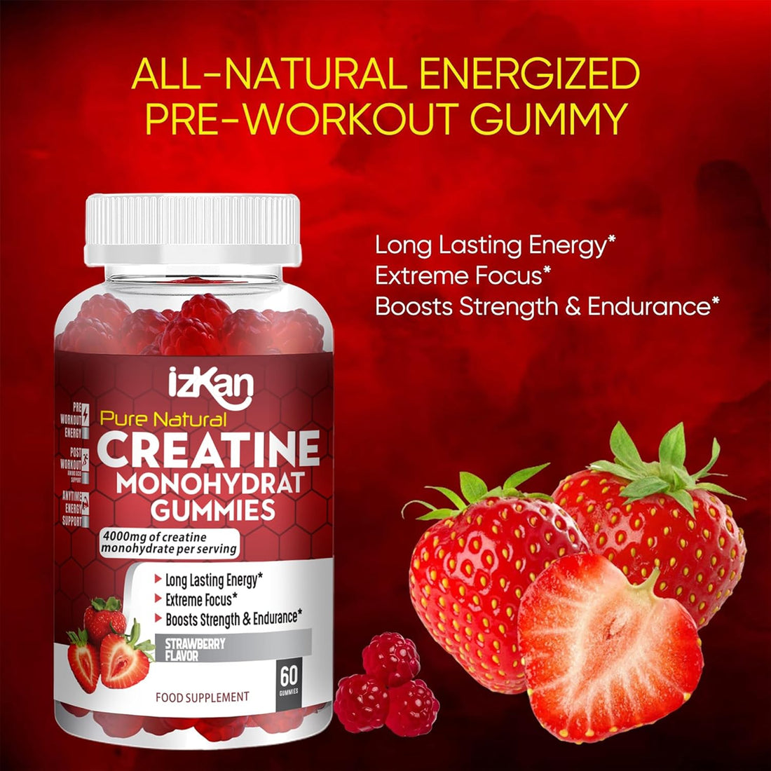 Pro Creatine Monohydrate Gummies 4000Mg for Men & Women - 60 Chewable Creatine Gummies Strawberry Flavoured Creatine | Pre Workout Gym Supplement| Keto | Vegan | (1)