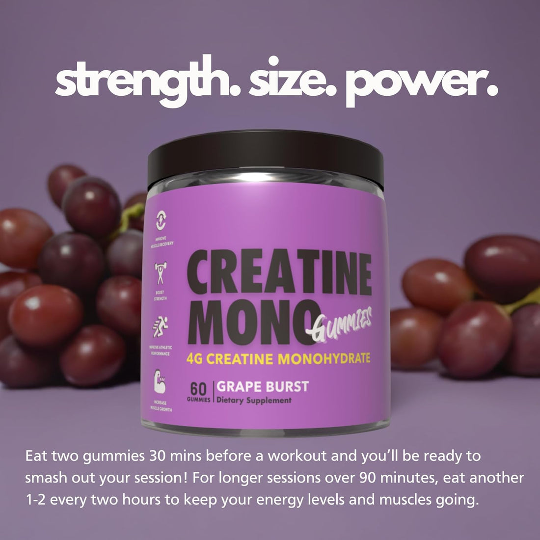 Creatine Monohydrate Gummies for Muscle Endurance, Growth and Power | Convenient Pre-Workout Supplement Grape Flavour, 4000Mg per Serve, 60 Pieces, 30 Serves - the